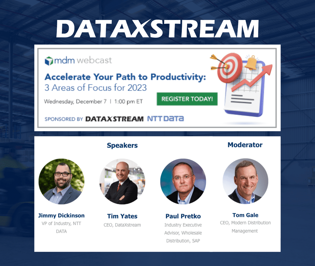 webinar promotion Accelerate Your Path to Productivity with headshots of speakers: Jimmy Dickinson, Tim Yates, Paul Pretko and Tom Gale
