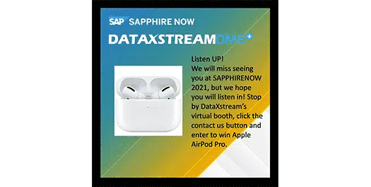 SapphireNow 2021 banner with AirPod Pro image and Dataxstream logo, text announces giveaway