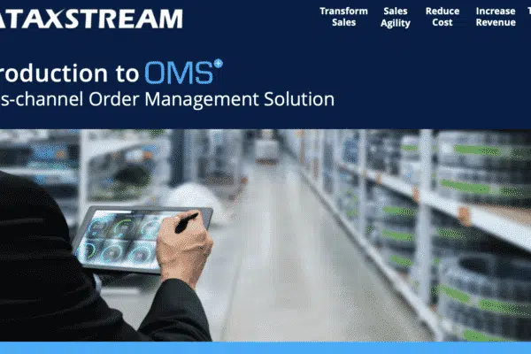 Solution Brief Cover Page, image of a person holding a tablet in a warehouse, text says Introduction to OMS+