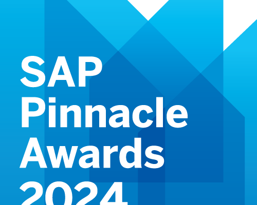 Blue Triangles layered to create an image of an award with 4 peaks and text reads "SAP Pinnacle Awards 2024 Finalsit"